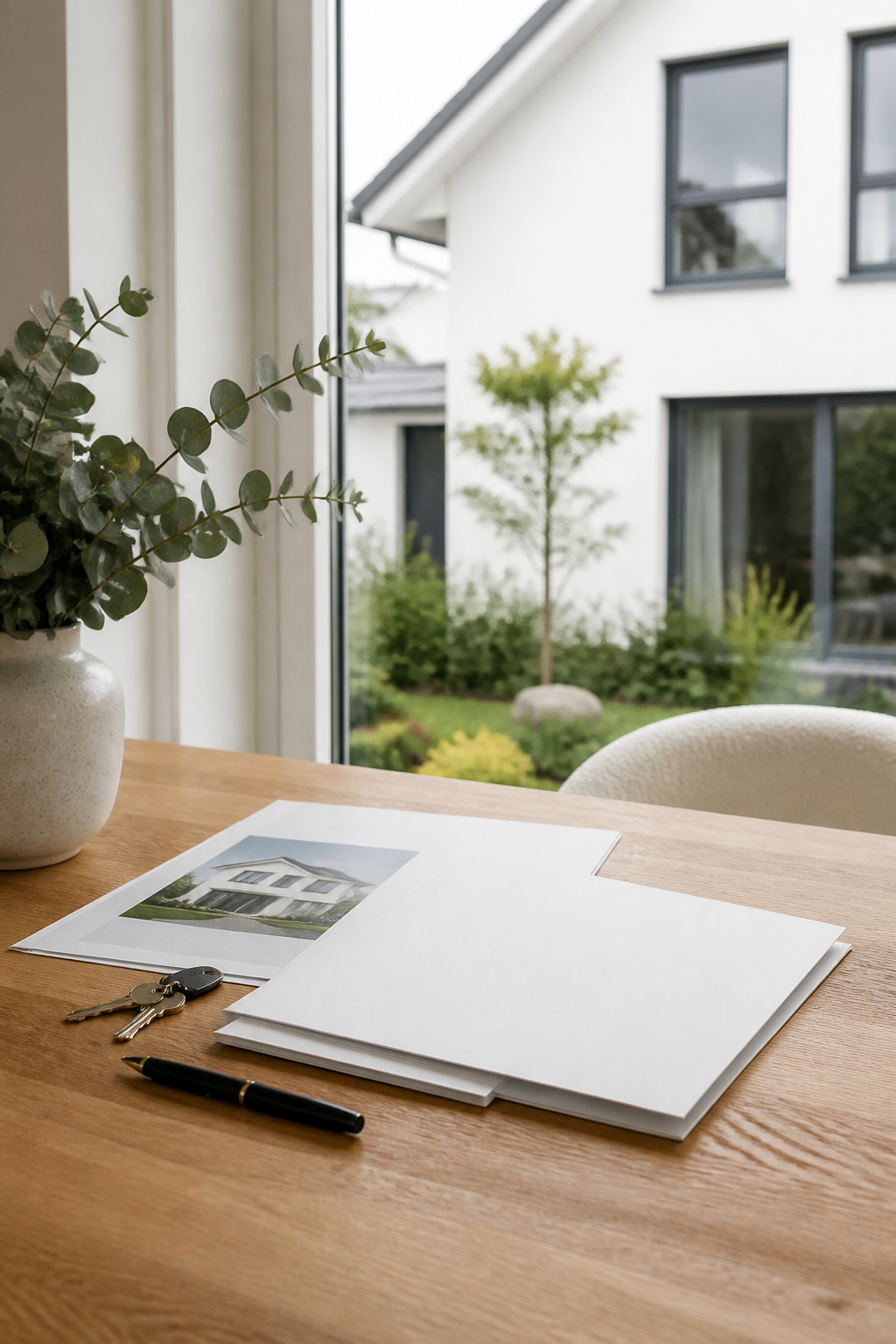 Sales documents and keys in front of a house