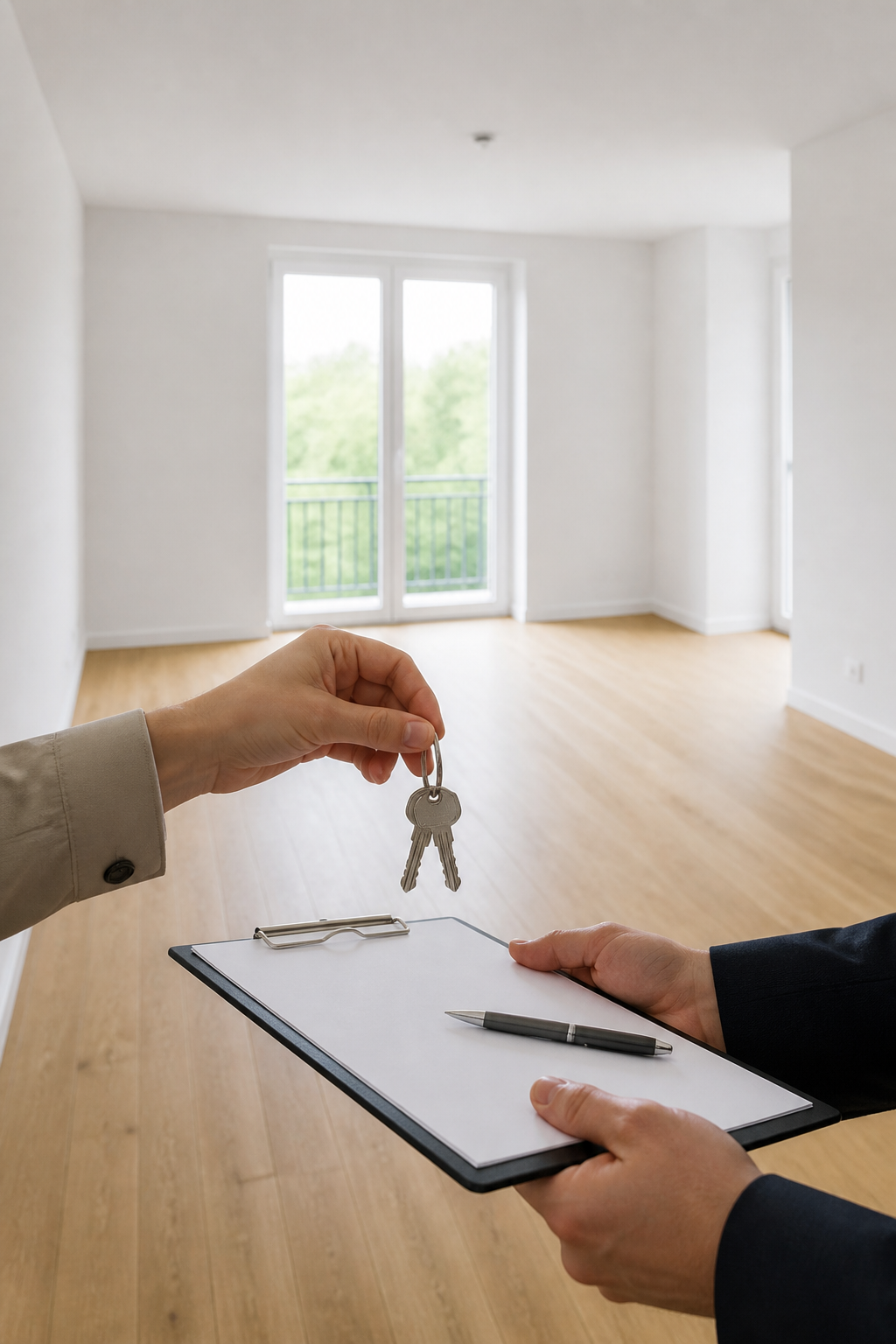 Key handover in a bright flat
